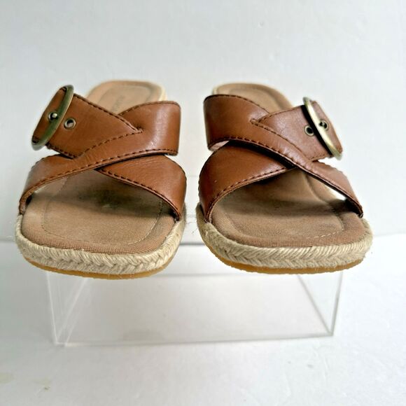 Hillard & Hanson Womens Dessa Caramel Cognac Leather Wedge Slip On Open Toe Sz 8 - Picture 4 of 9